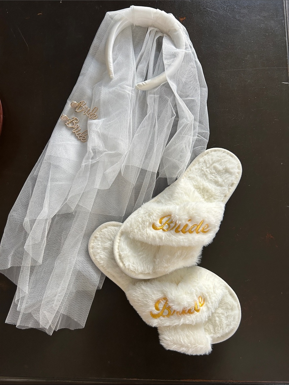 Bridal 'Bride' Fuzzy Slippers, Veil & Earrings Set in White with Gold Script